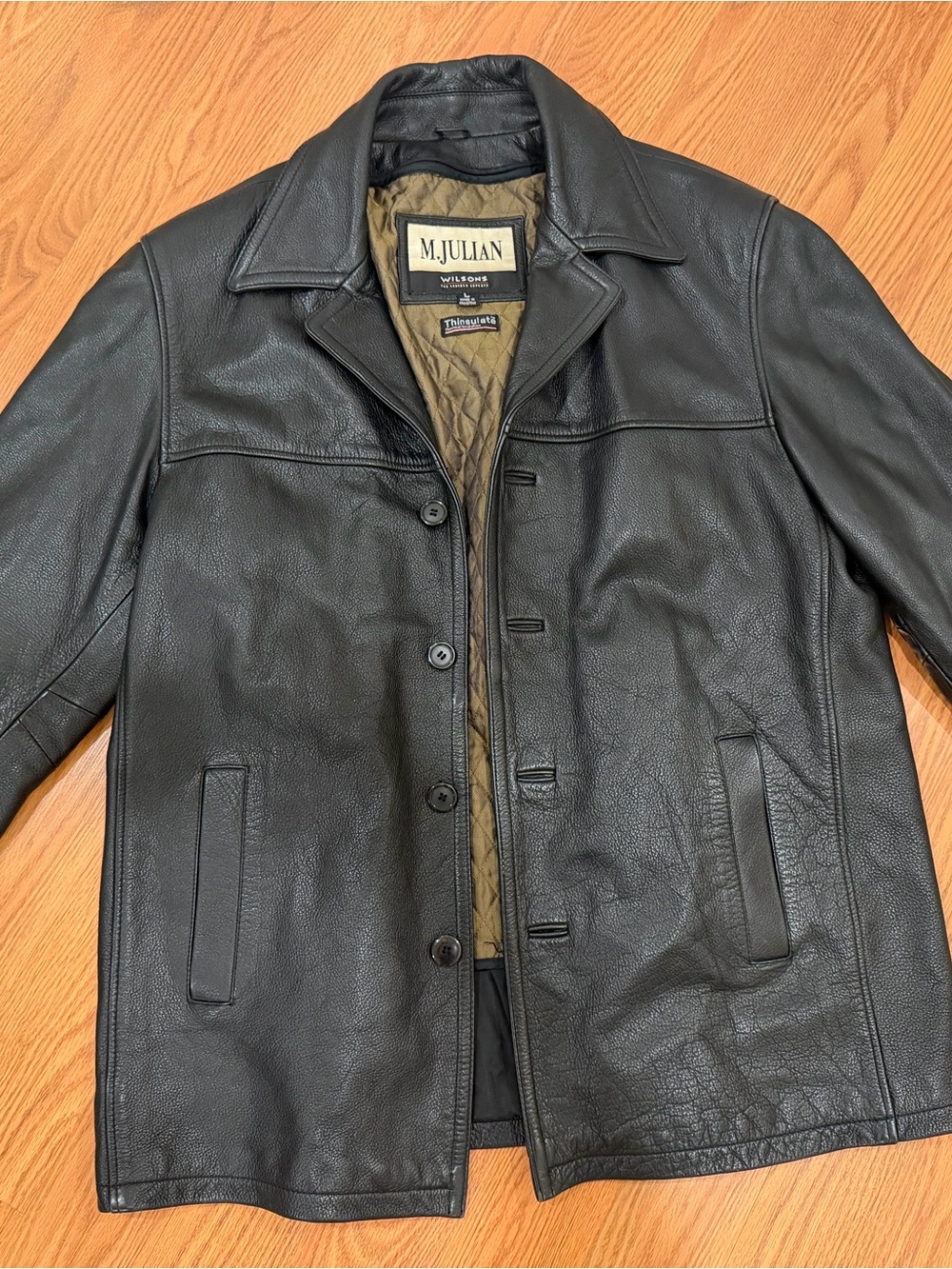 Wilsons Leather Black Leather Pea Coat with Quilted Interior
